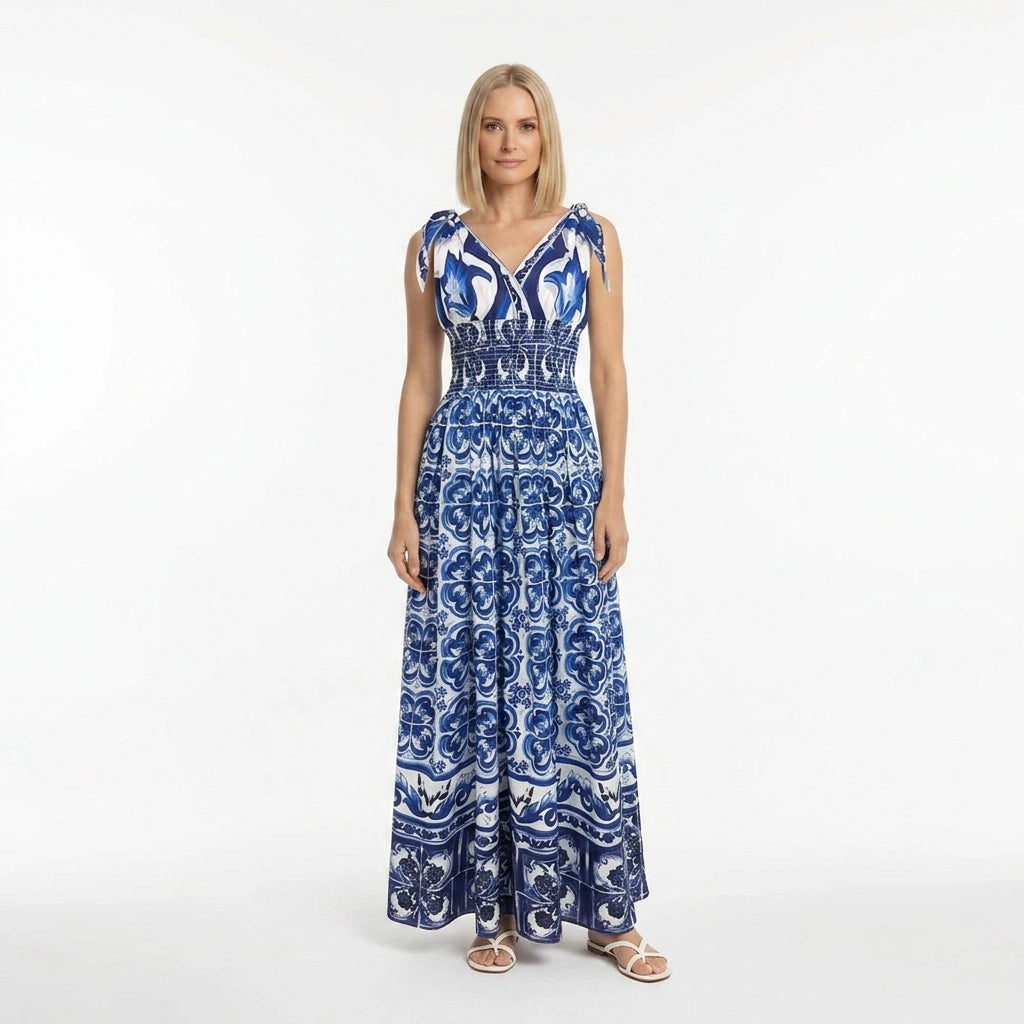 Blue Porcelain Majolica print 100% cotton bow shoulder maxi dress