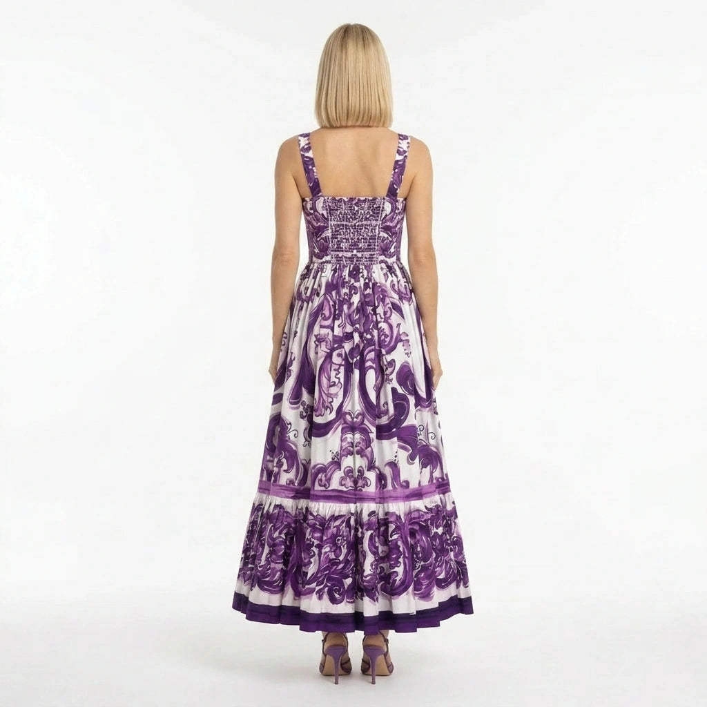 Italian Luxury Purple Majolica print 100% cotton dress