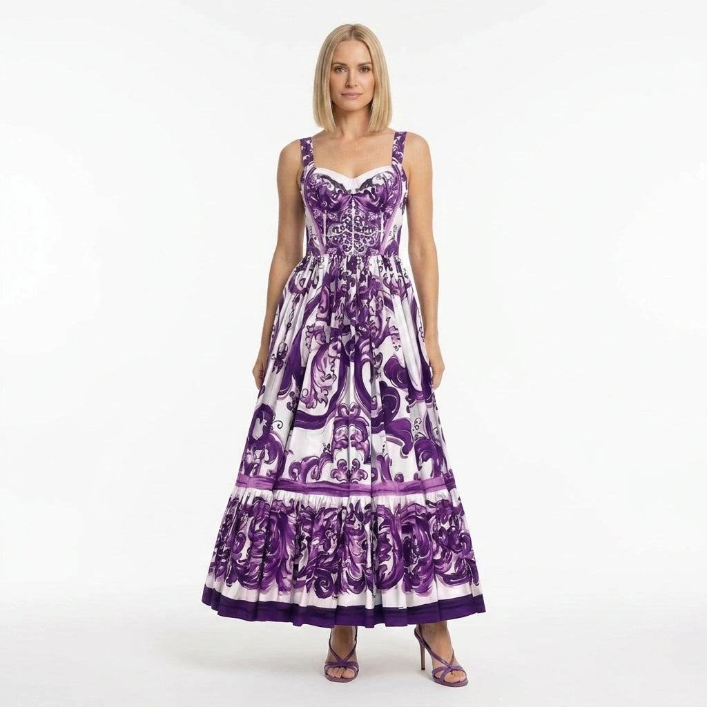 Italian Luxury Purple Majolica print 100% cotton dress