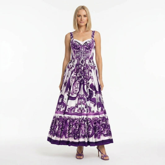 Italian Luxury Purple Majolica print 100% cotton dress