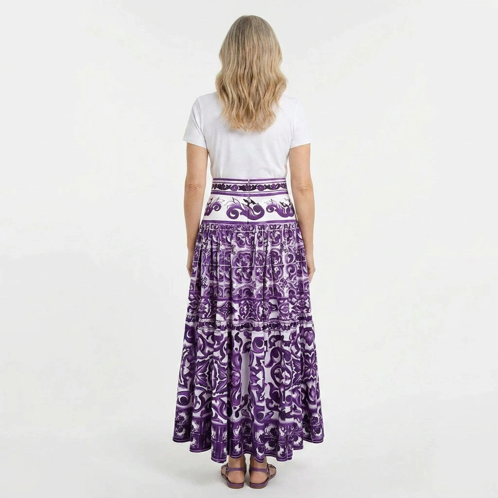 Purple Majolica Porcelain Cotton Maxi Skirt