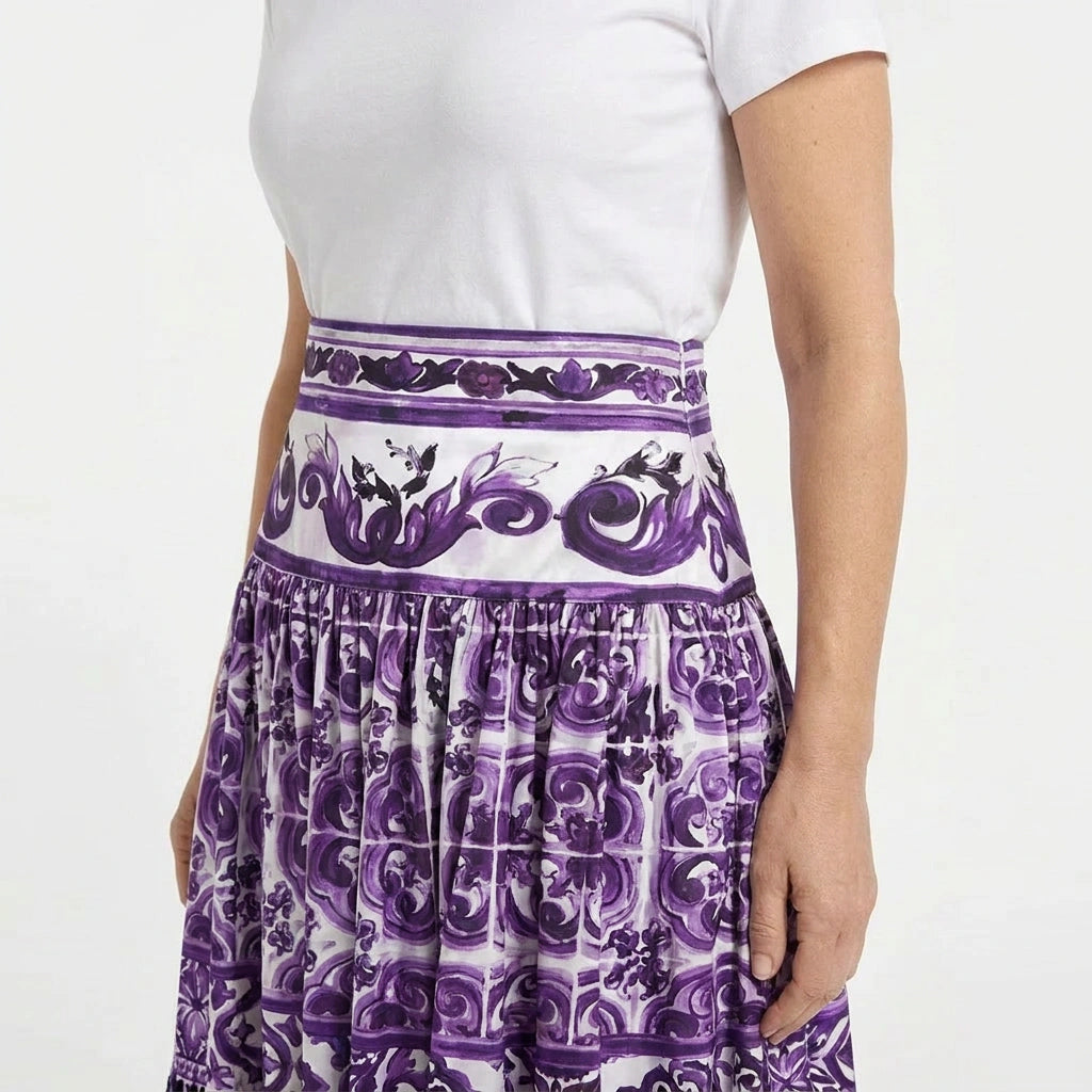 Purple Majolica Porcelain Cotton Maxi Skirt
