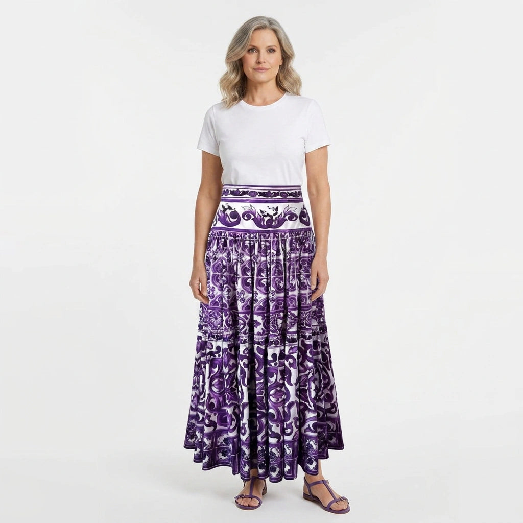Purple Majolica Porcelain Cotton Maxi Skirt