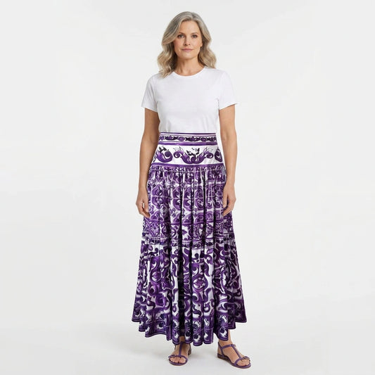 Purple Majolica Porcelain Cotton Maxi Skirt