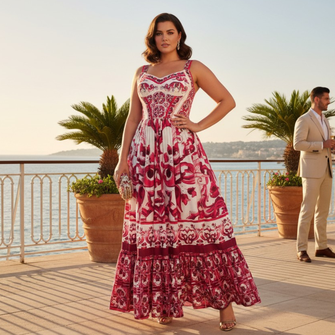 Woman in a red and white patterned dress standing on a balcony with scenic view