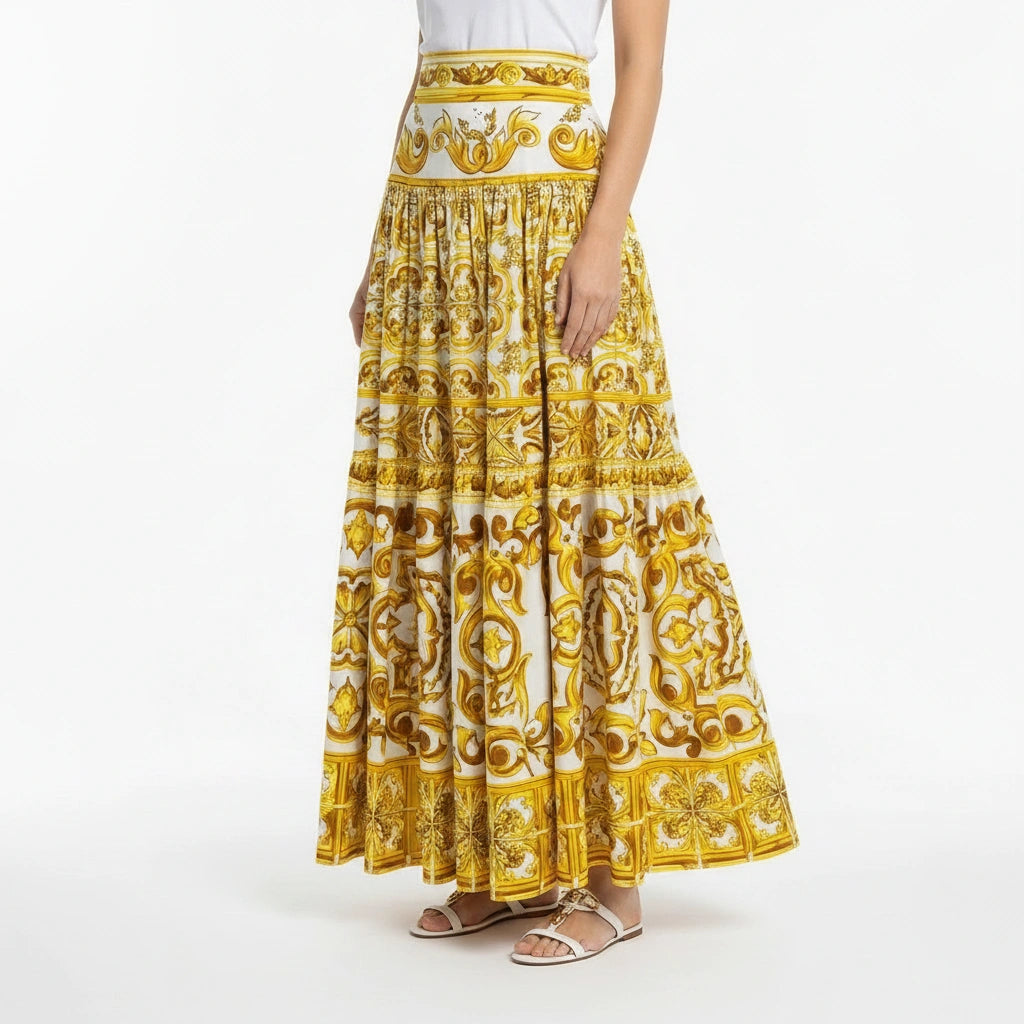 Italian Luxury designer Yellow Majolica Tile print 100% cotton maxi skirt