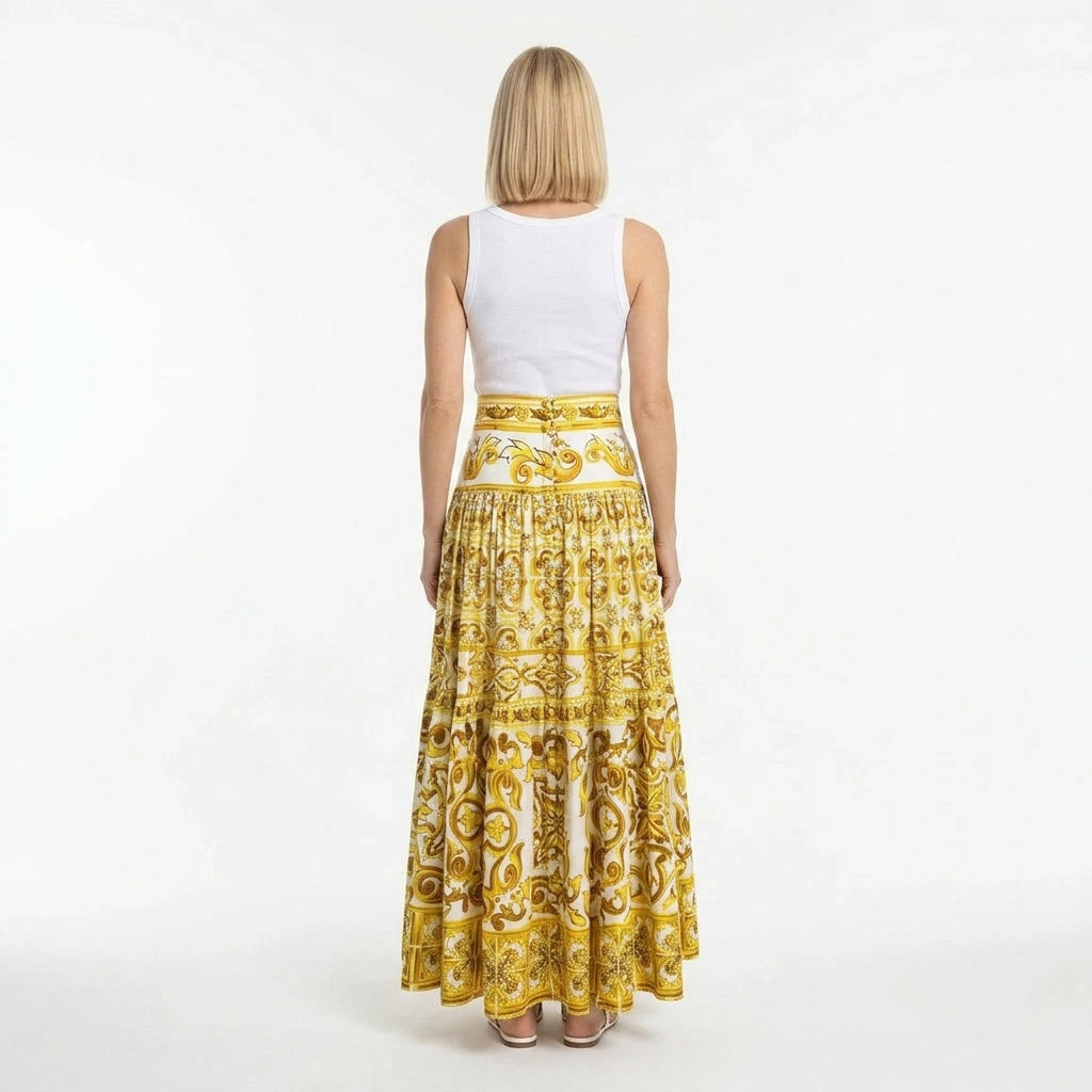 Italian Luxury designer Yellow Majolica Tile print 100% cotton maxi skirt