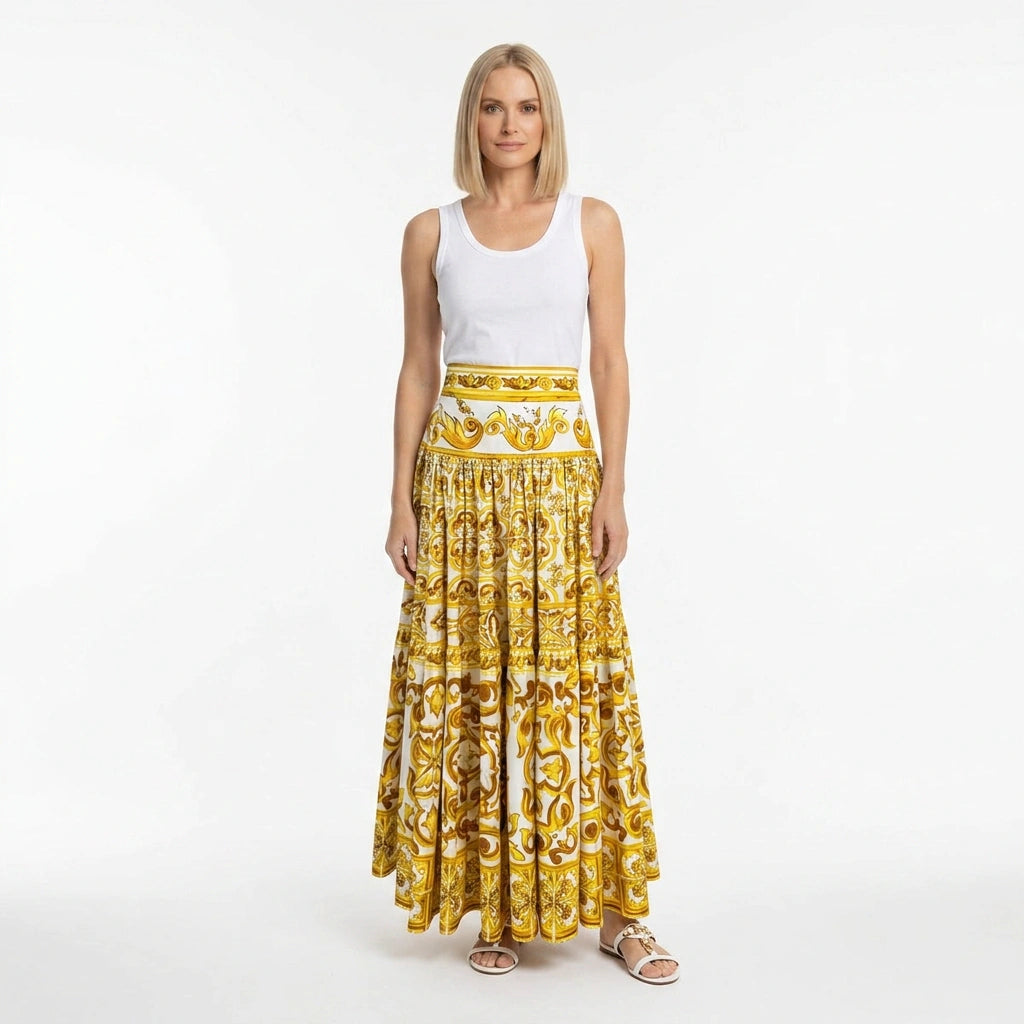 Italian Luxury designer Yellow Majolica Tile print 100% cotton maxi skirt