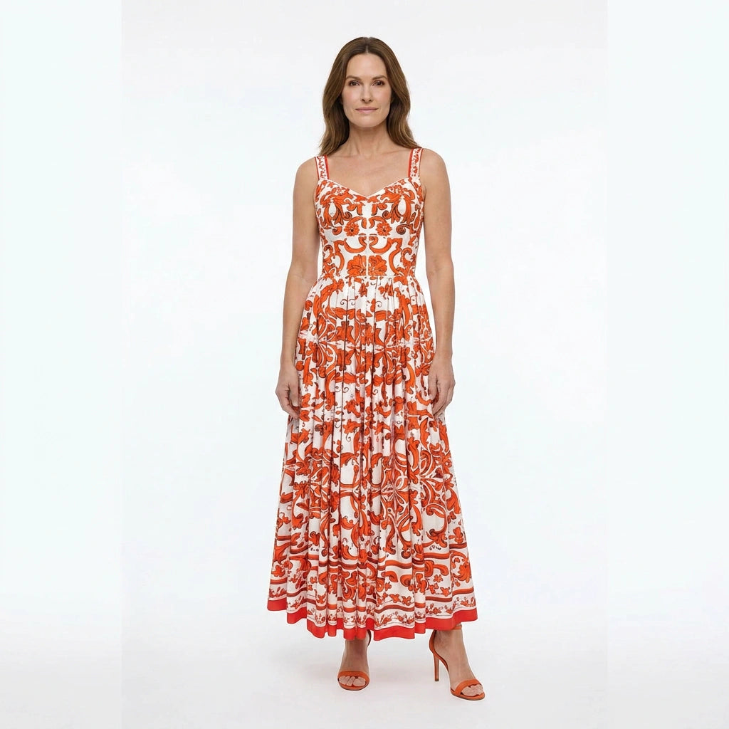 Orange Majolica Cotton Bustier Maxi Dress