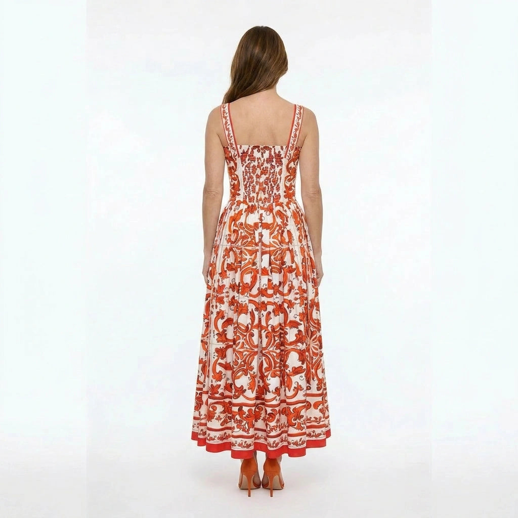 Orange Majolica Cotton Bustier Maxi Dress