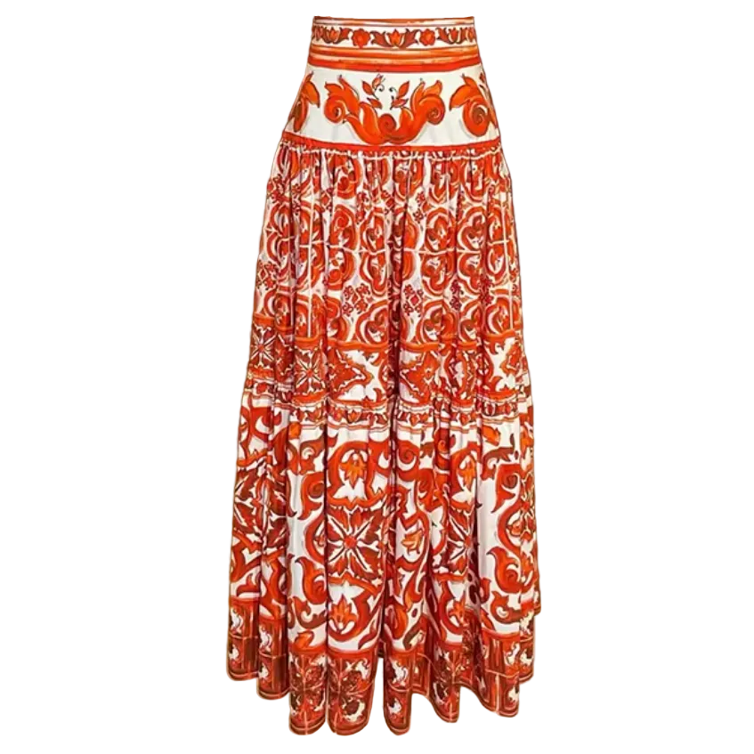 maxi orange majolica skirt for travels and vacations