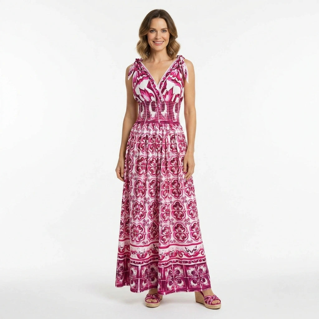 Italian Luxury Red Majolica print 100% cotton bow shoulder maxi dress