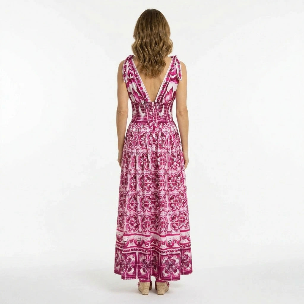 Italian Luxury Red Majolica print 100% cotton bow shoulder maxi dress