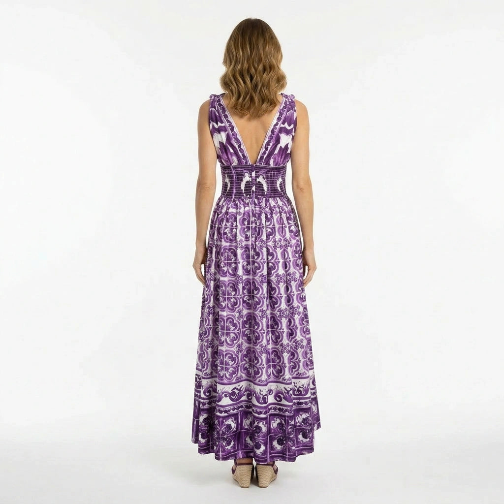 Italian Luxury Purple Majolica print 100% cotton bow shoulder maxi dress