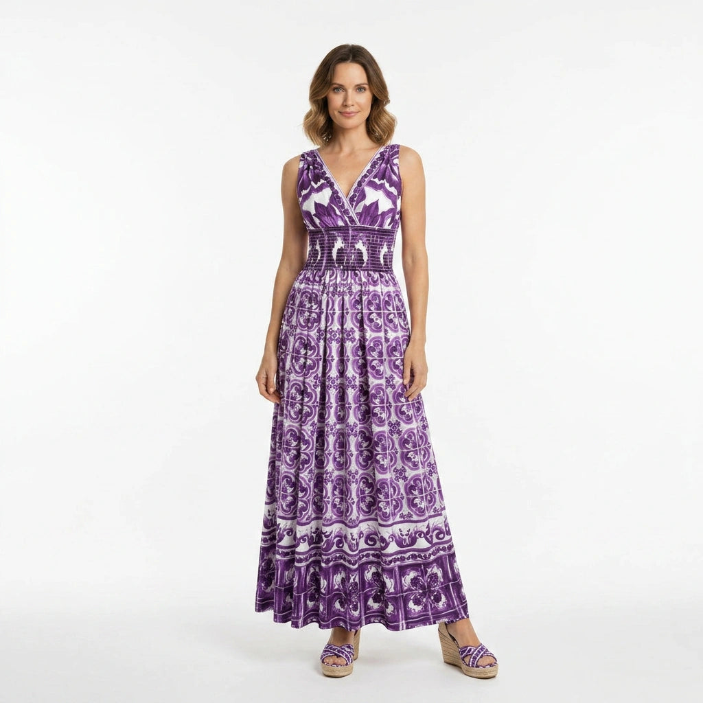 Italian Luxury Purple Majolica print 100% cotton bow shoulder maxi dress