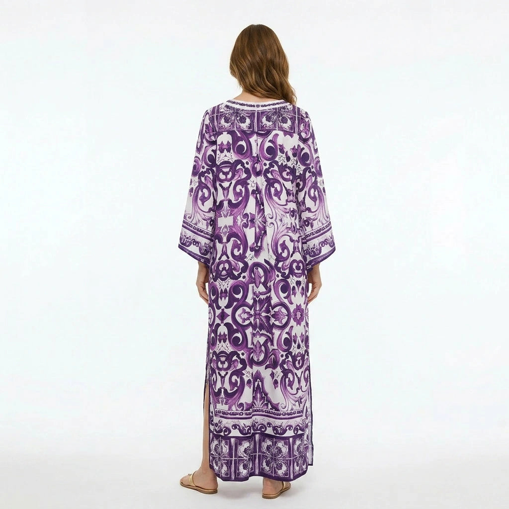 Purple Majolica Porcelain print maxi Kaftan dress