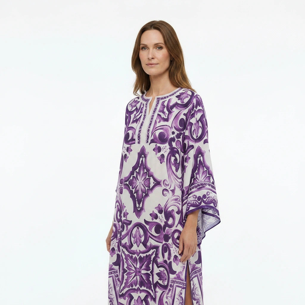Purple Majolica Porcelain print maxi Kaftan dress
