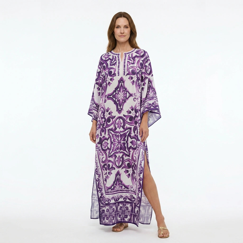 Purple Majolica Porcelain print maxi Kaftan dress