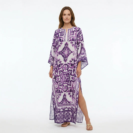 Purple Majolica Porcelain print maxi Kaftan dress
