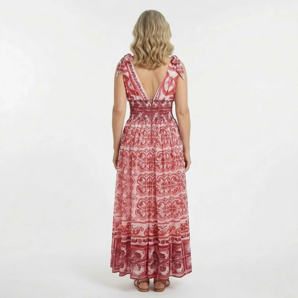 Red Majolica Chiffon Maxi Dress with Bow Straps