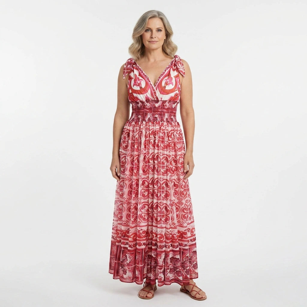 Red Majolica Chiffon Maxi Dress with Bow Straps