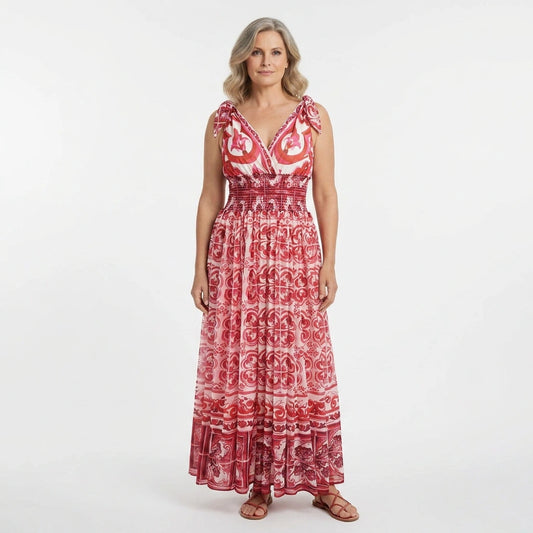 Red Majolica Chiffon Maxi Dress with Bow Straps