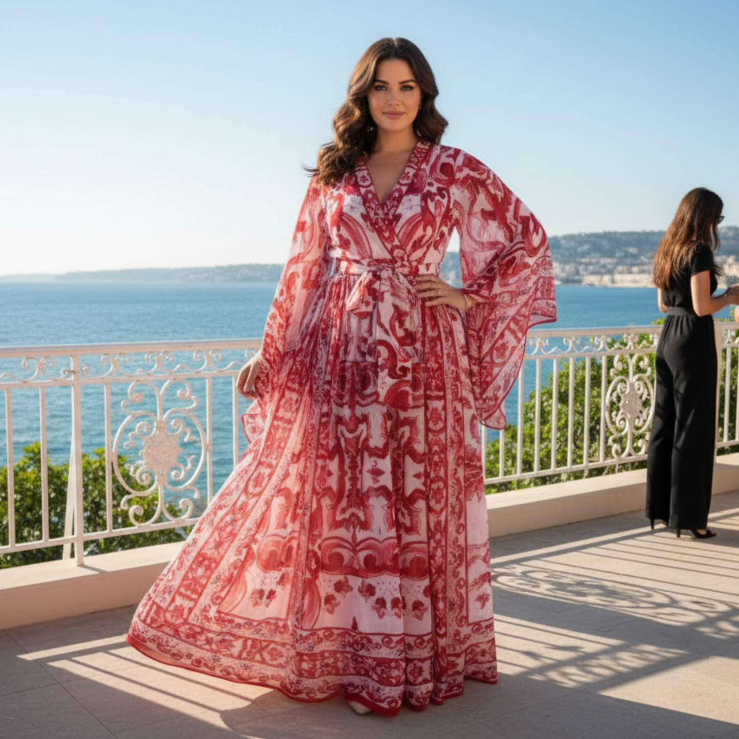 Red Majolica print Flared sleeves chiffon maxi dress