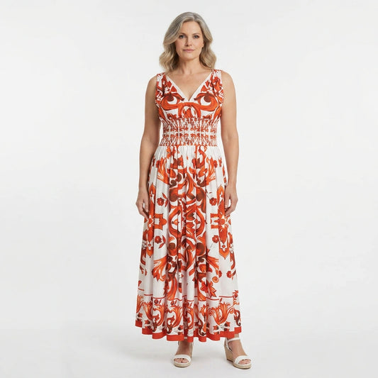 Italian Orange Majolica Maxi Dress with Bow Shoulders