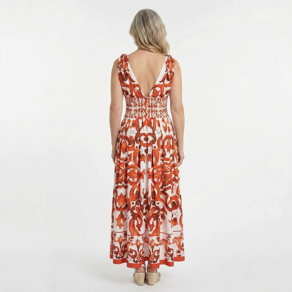 Italian Orange Majolica Maxi Dress with Bow Shoulders