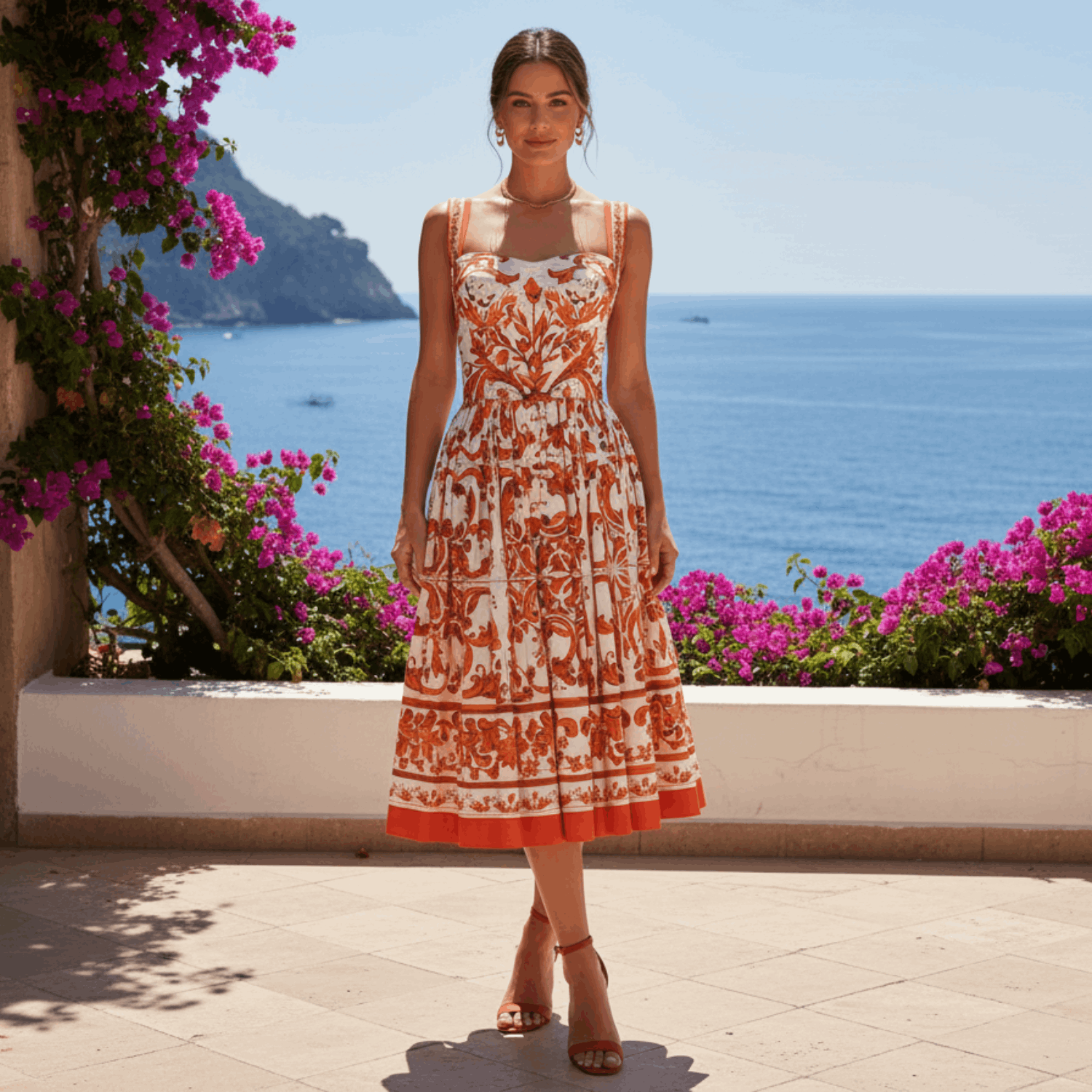 Orange Majolica Cotton Midi Dress with Padded Cups