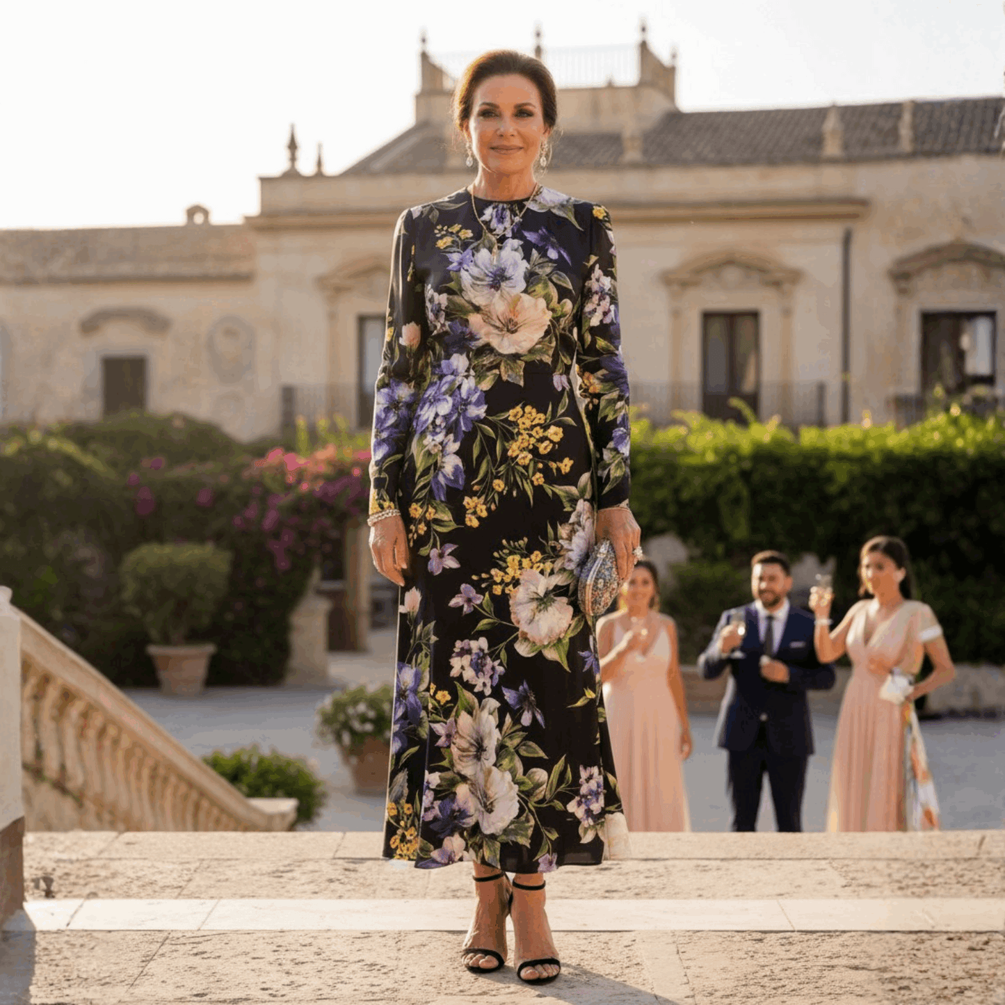 Italian Summer Black Floral Silk Midi Dress
