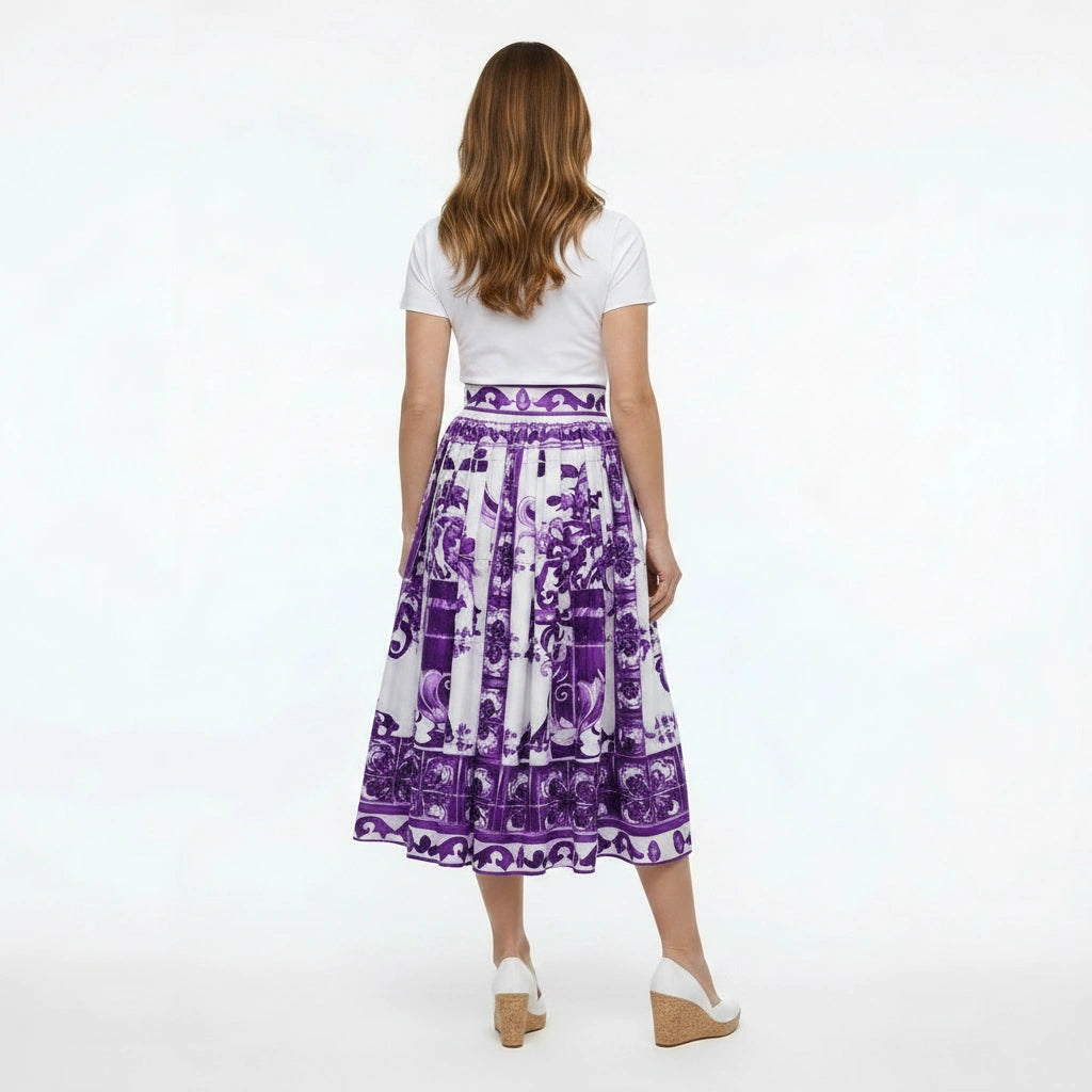 Luxury Purple Majolica 100% cotton midi full skirt