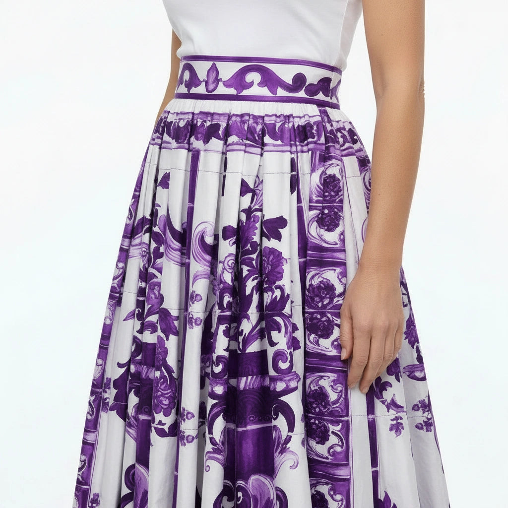 Luxury Purple Majolica 100% cotton midi full skirt