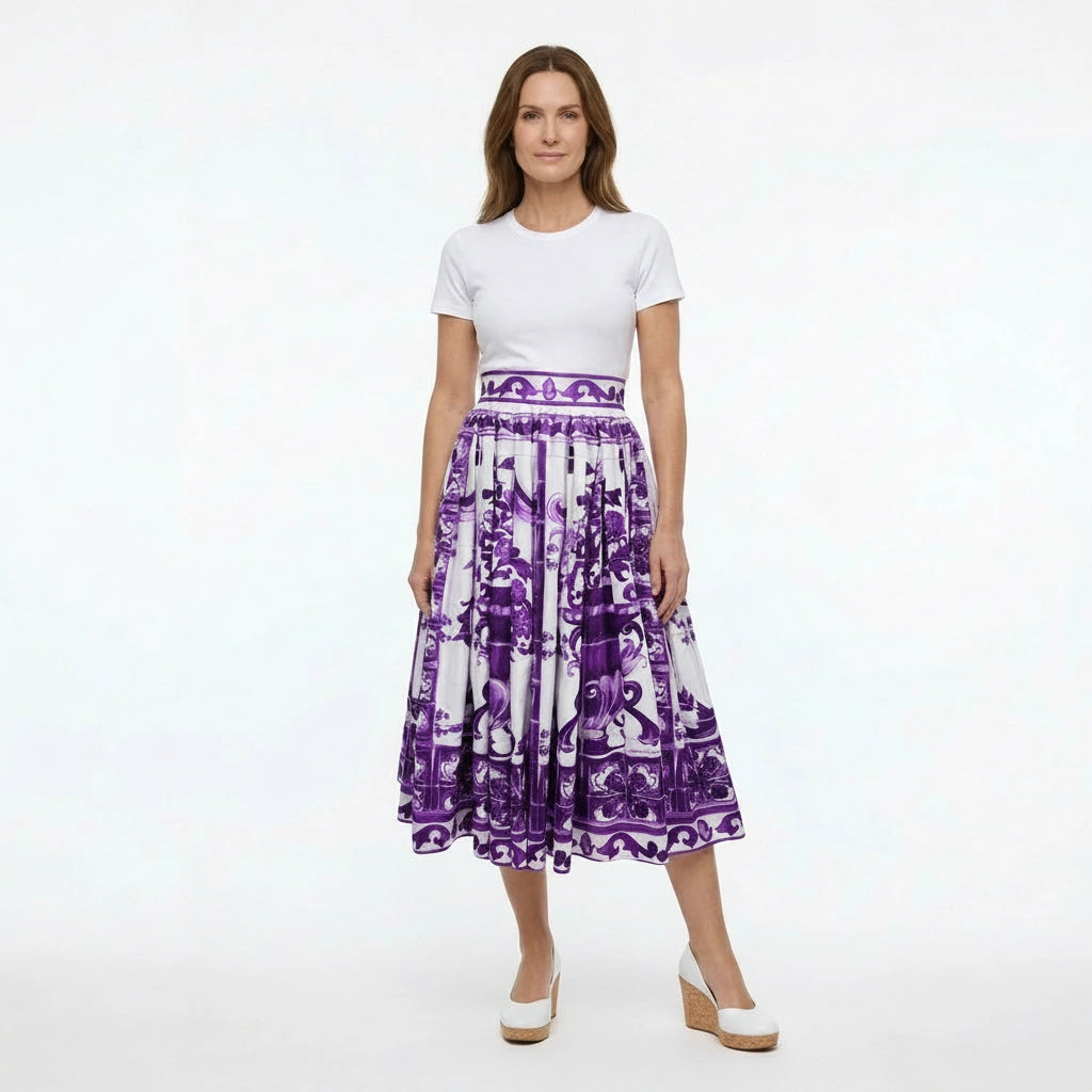 Luxury Purple Majolica 100% cotton midi full skirt