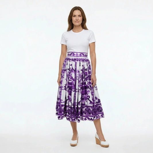 Luxury Purple Majolica 100% cotton midi full skirt