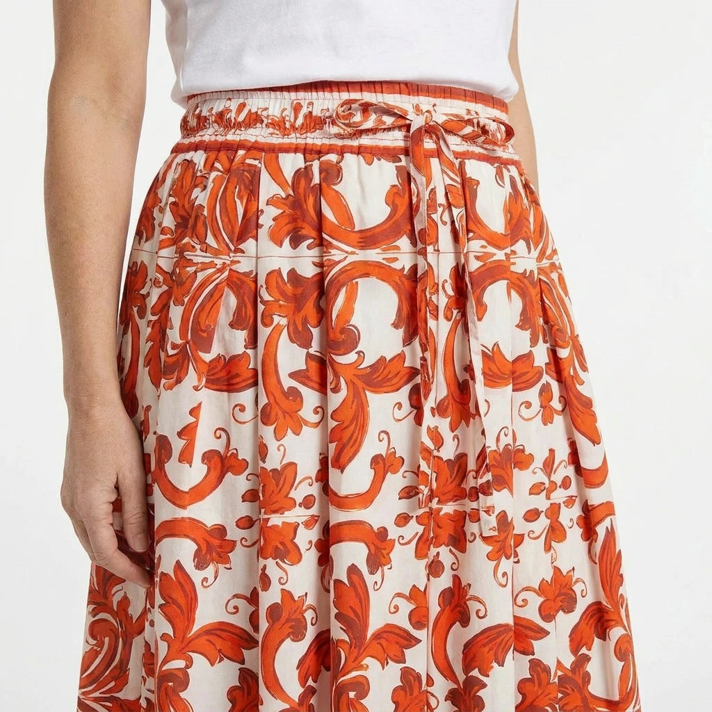 Orange Majolica Midi Cotton Skirt