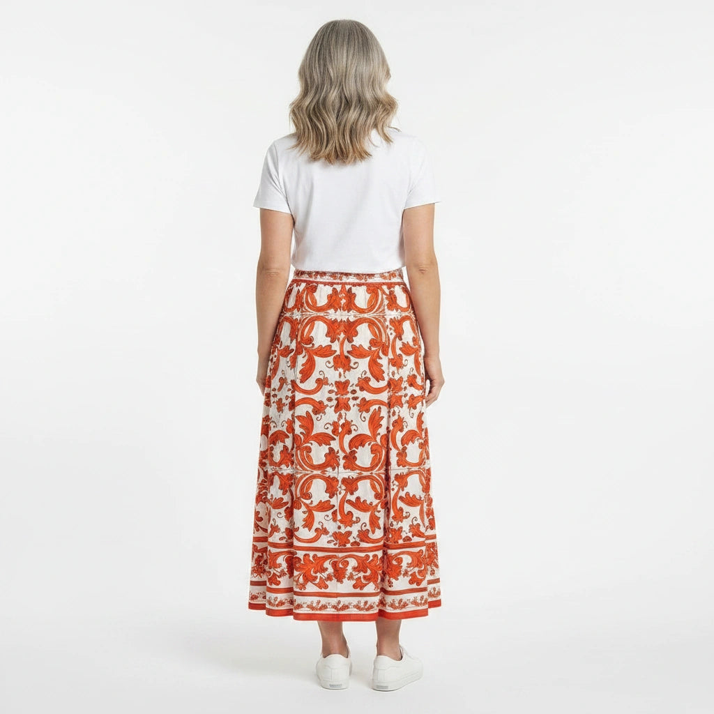 Orange Majolica Midi Cotton Skirt