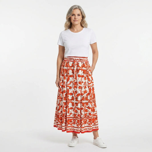 Orange Majolica Midi Cotton Skirt