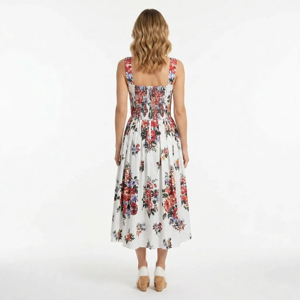 Floralia Italiana White Cotton Midi Dress with Padded Cups