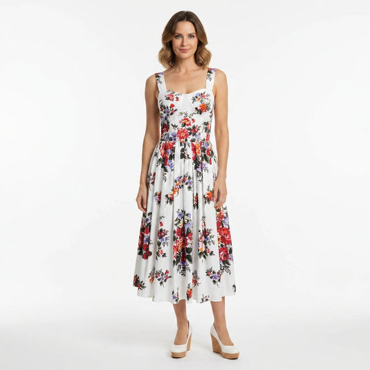 Floralia Italiana White Cotton Midi Dress with Padded Cups