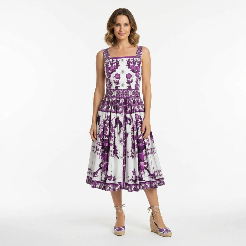 Italian Luxury Purple Majolica print button front 100% cotton dress