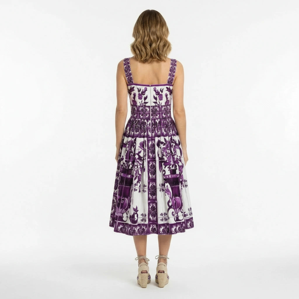 Italian Luxury Purple Majolica print button front 100% cotton dress