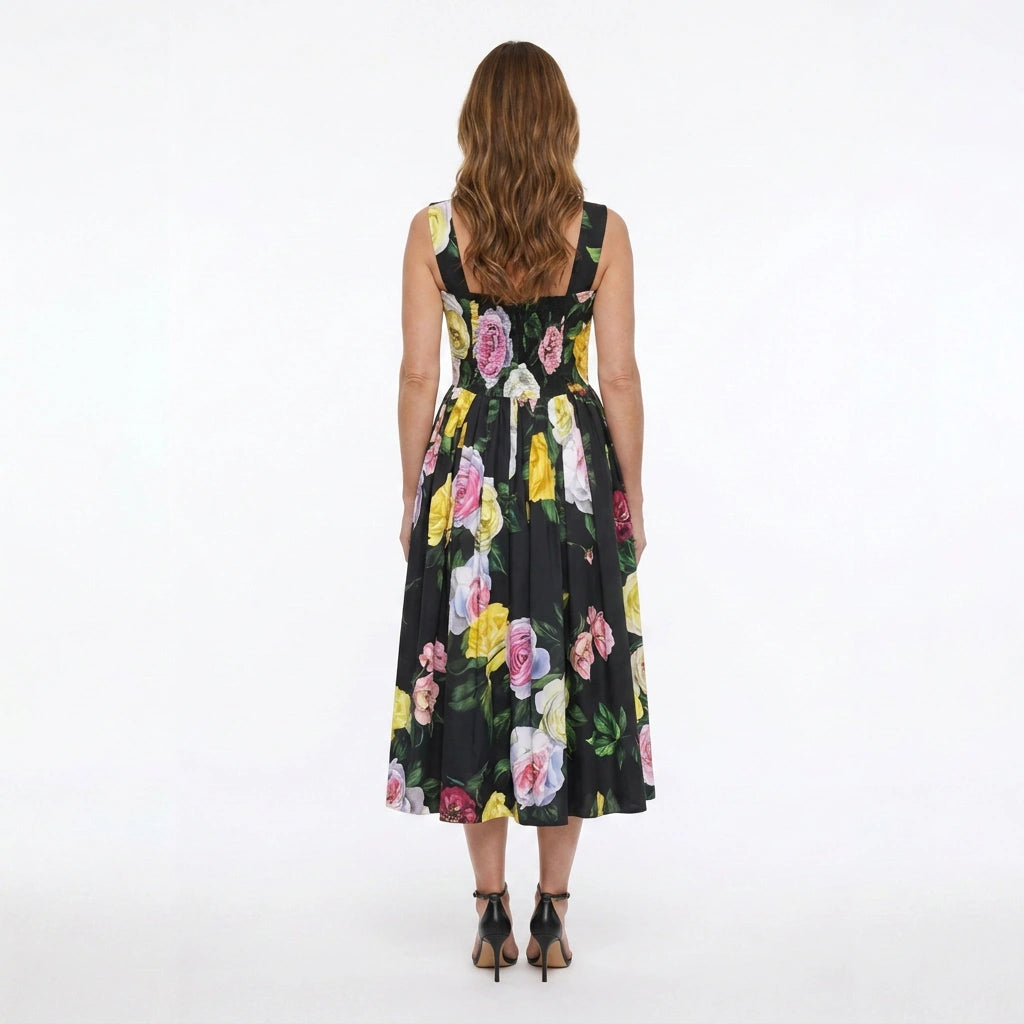 Black floral cotton midi dress with padded cups