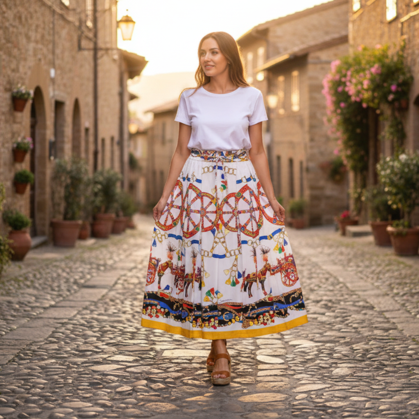 midi cotton skirt in sicilian carnival print for summer vacations and daily wear