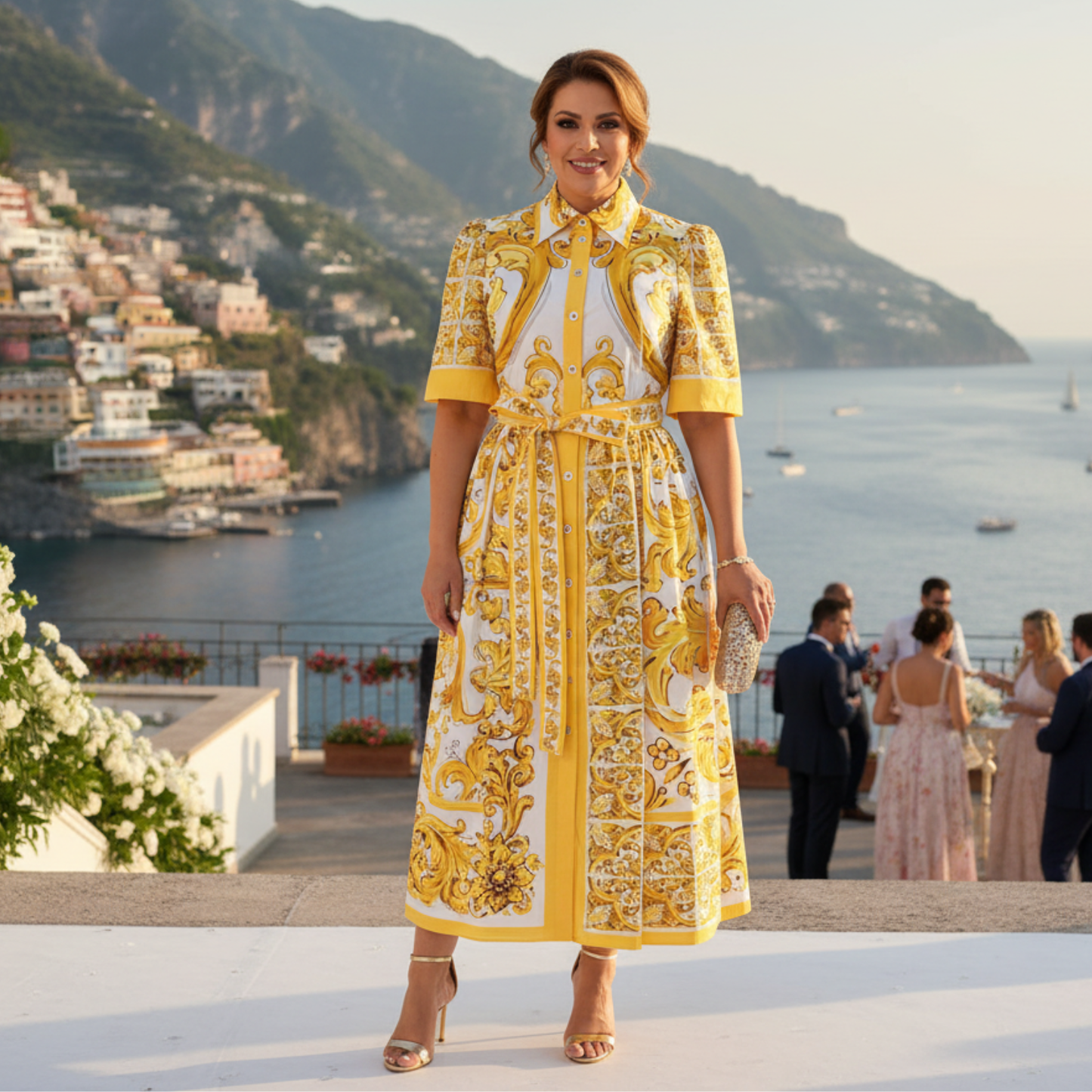 Italian Luxury Yellow Majolica print 100% cotton  shirt dress