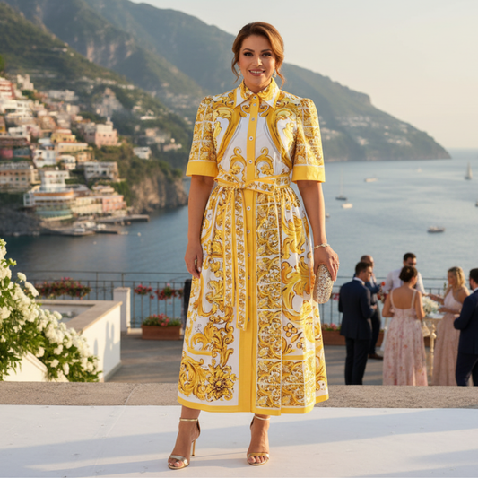 Italian Luxury Yellow Majolica print 100% cotton  shirt dress