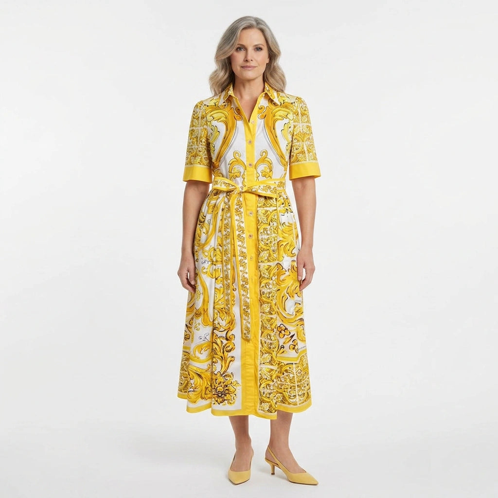 Yellow Majolica print cotton midi shirt dress
