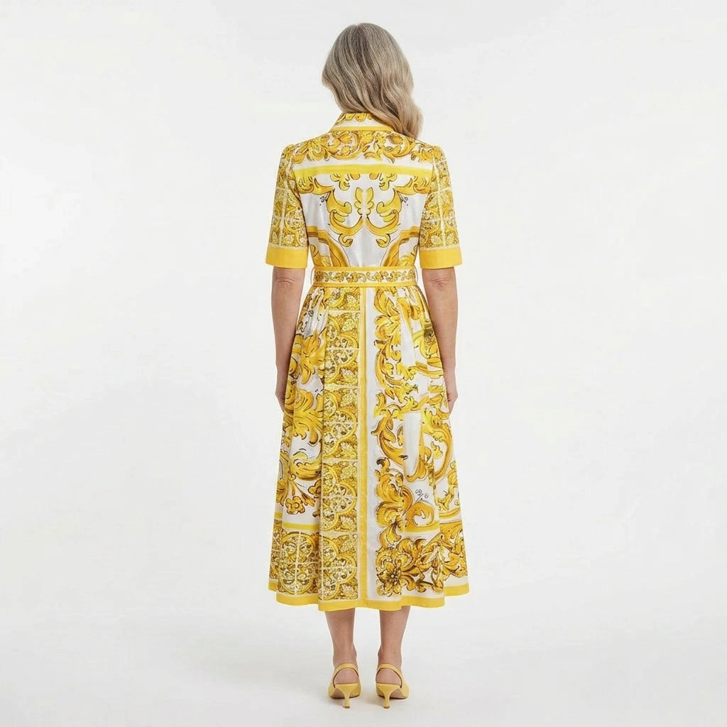 Yellow Majolica print cotton midi shirt dress