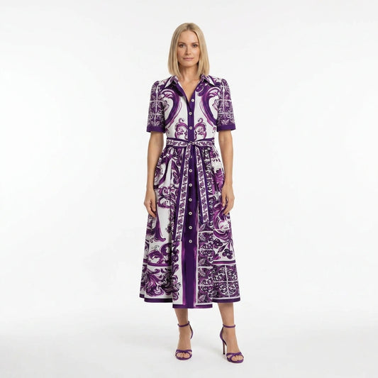 Purple Majolica print midi cotton shirt dress