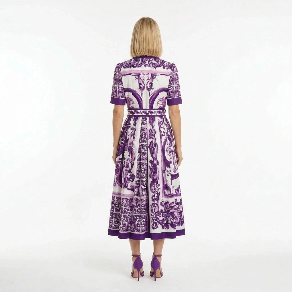 Purple Majolica print midi cotton shirt dress